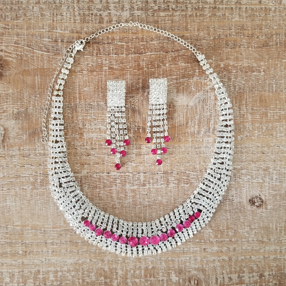 Large Pink and Silver Rhinestone Jewelry Set